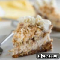 Ultimate Carrot Cake Cheesecake 2 slice of carrot cake cheesecake topped with toasted coconut on a plate