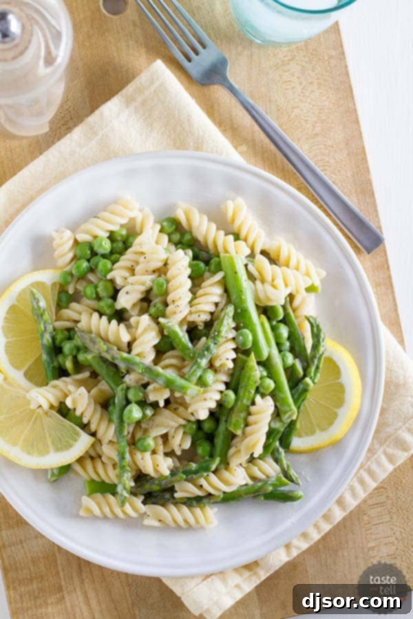 Bright Lemon Cream Pasta with Asparagus and Peas 4 Close-up of Lemon Cream Sauce Pasta with Asparagus and Peas