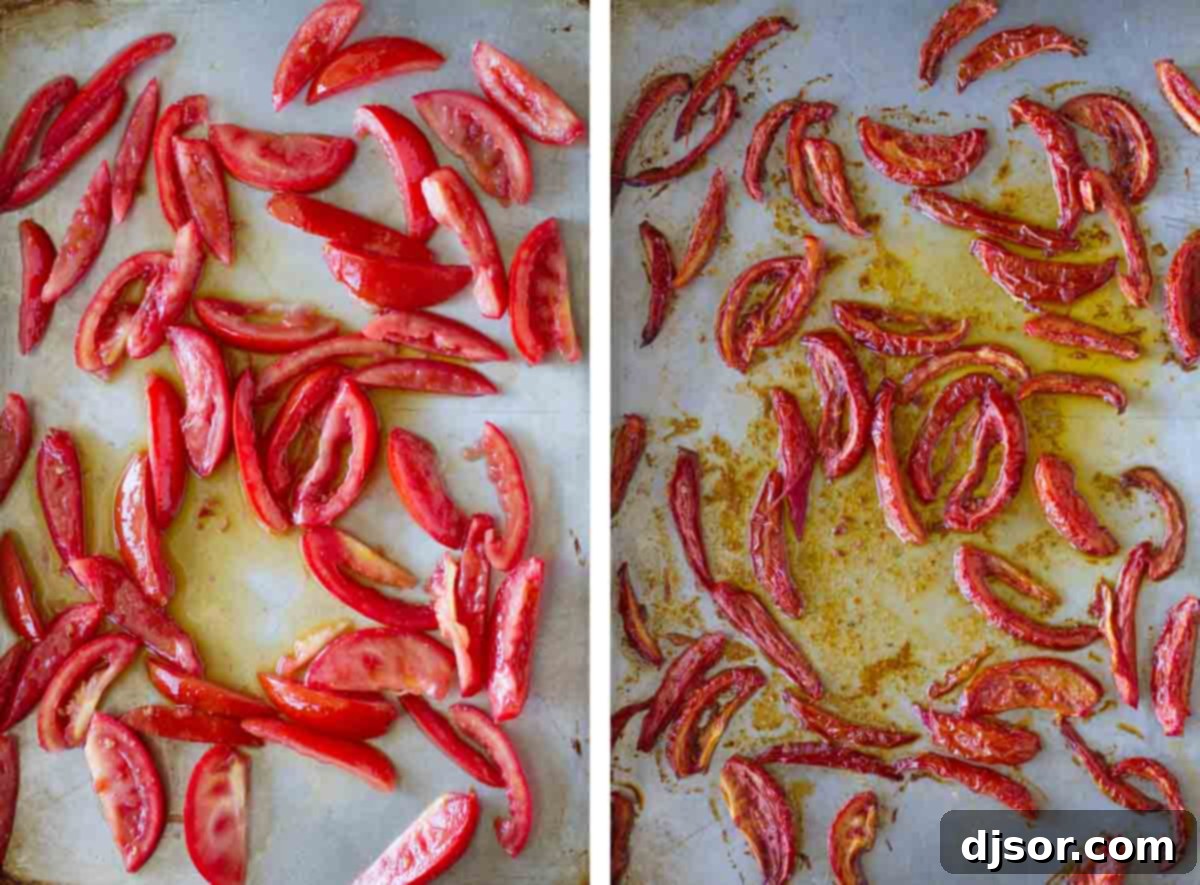 The Transformative Power of Roasted Tomatoes two photos showing tomatoes before and after being roasted