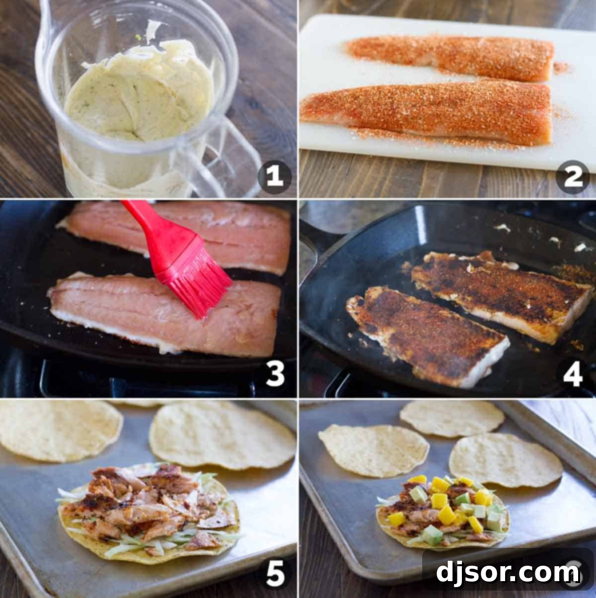 A step-by-step visual guide showing how to prepare Blackened Salmon Tostadas, from cooking to assembly.