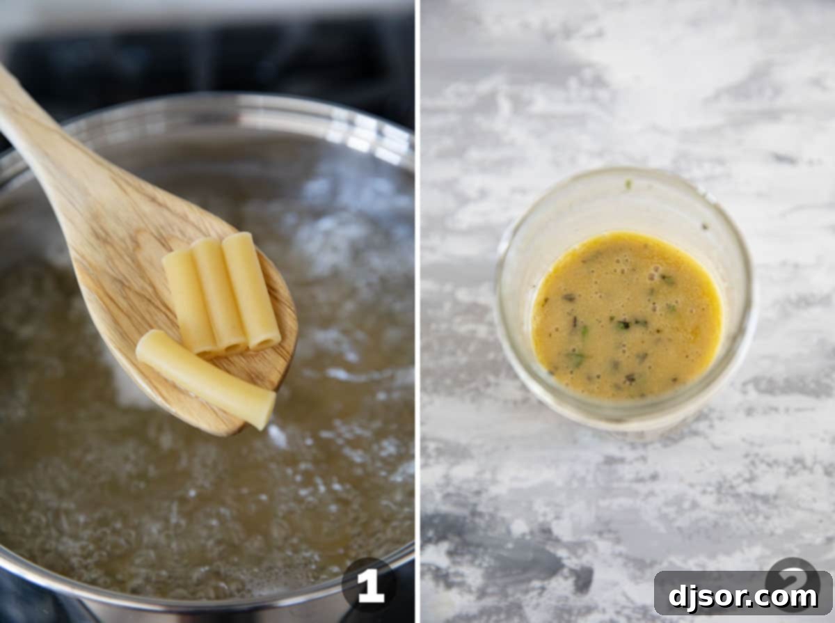 Steps for making Mediterranean Pasta Salad: cooking pasta and mixing the dressing.