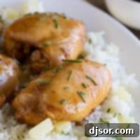 Boneless chicken thighs are coated in a sweet asian-inspired sauce and served over sweet pineapple rice in this Sweet Asian Chicken with Pineapple Rice.