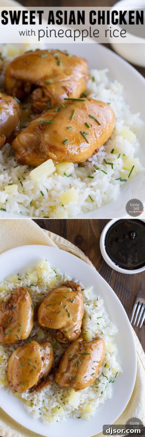 Boneless chicken thighs are coated in a sweet asian-inspired sauce and served over sweet pineapple rice in this Sweet Asian Chicken with Pineapple Rice.