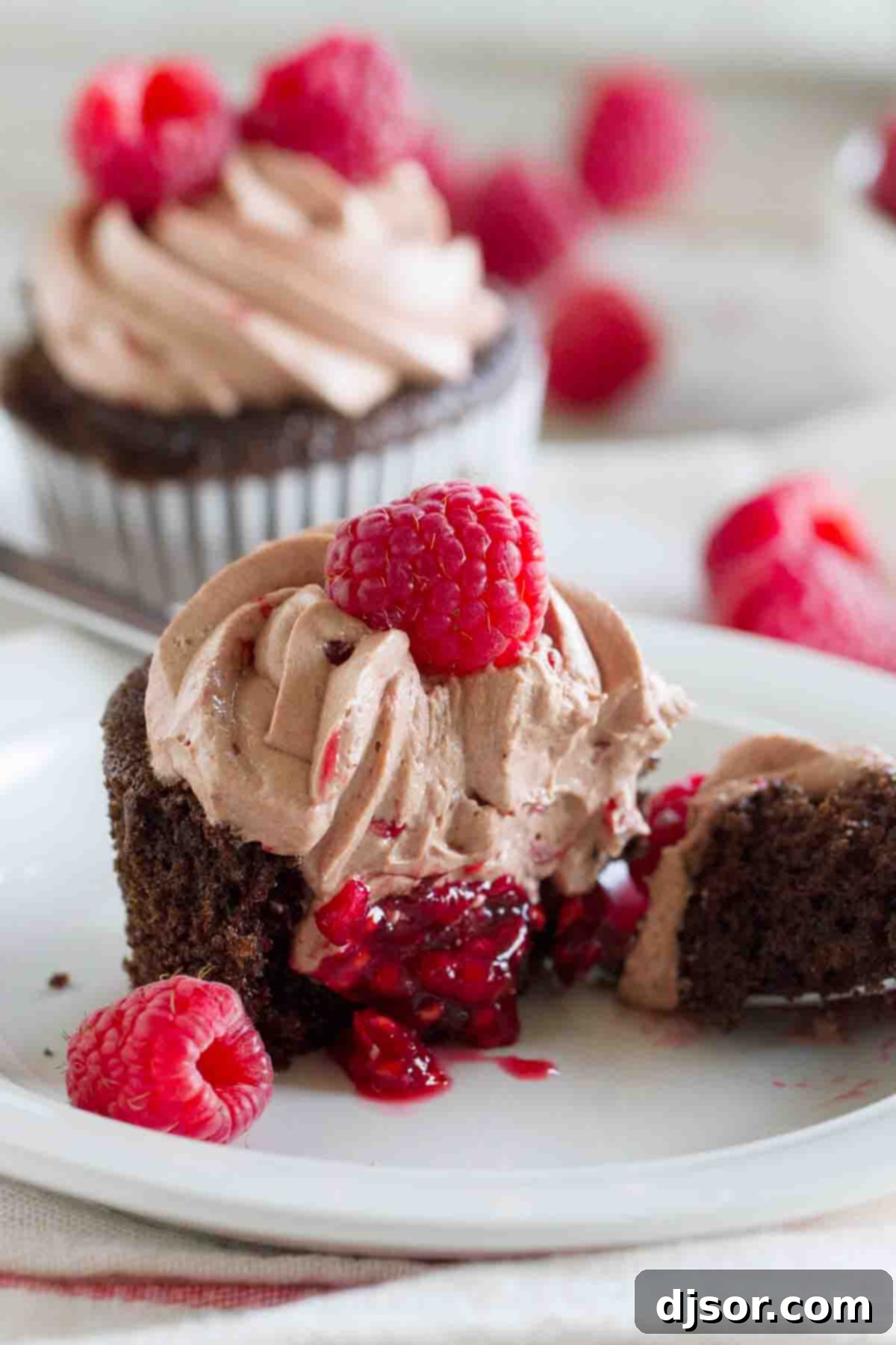 Cross-section of a Chocolate Raspberry Cupcake Chocolate cupcake topped with chocolate butterream broken in half to show raspberry filling.
