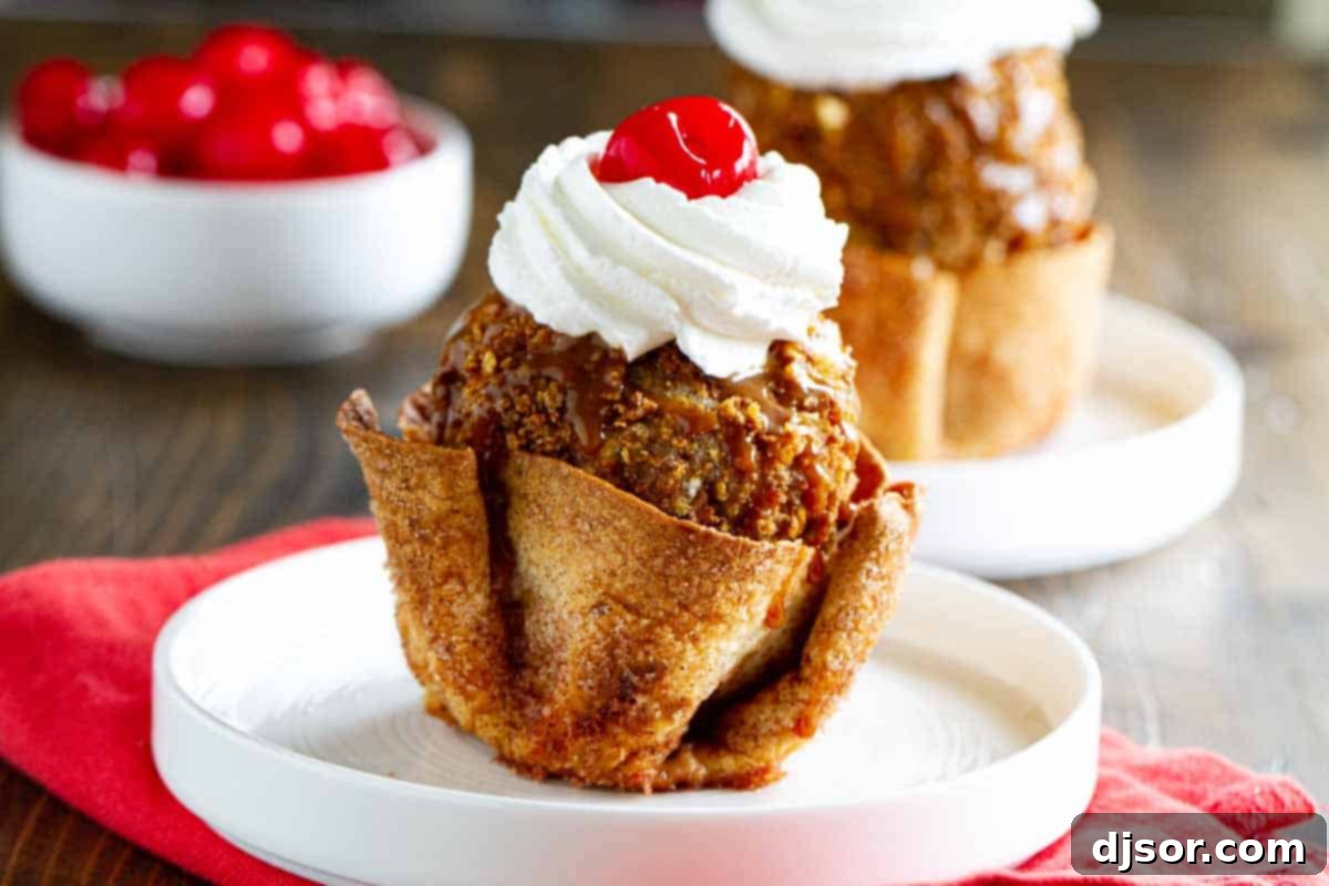 Fried ice cream in a cinnamon sugar tortilla bowl topped with whipped cream, ready to be enjoyed as a Mexican-inspired dessert.