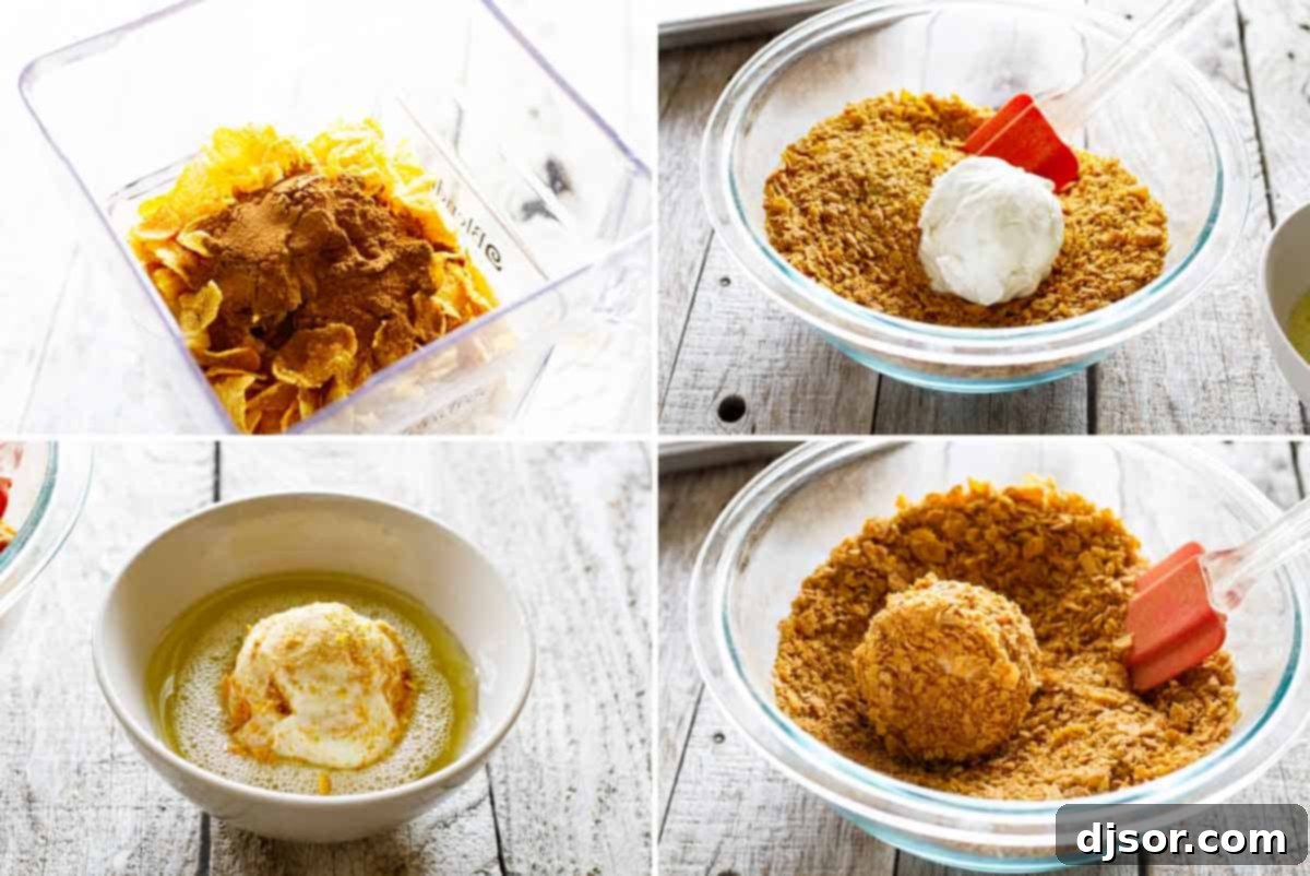 Step-by-step process images showing how to prepare fried ice cream, from scooping to coating.