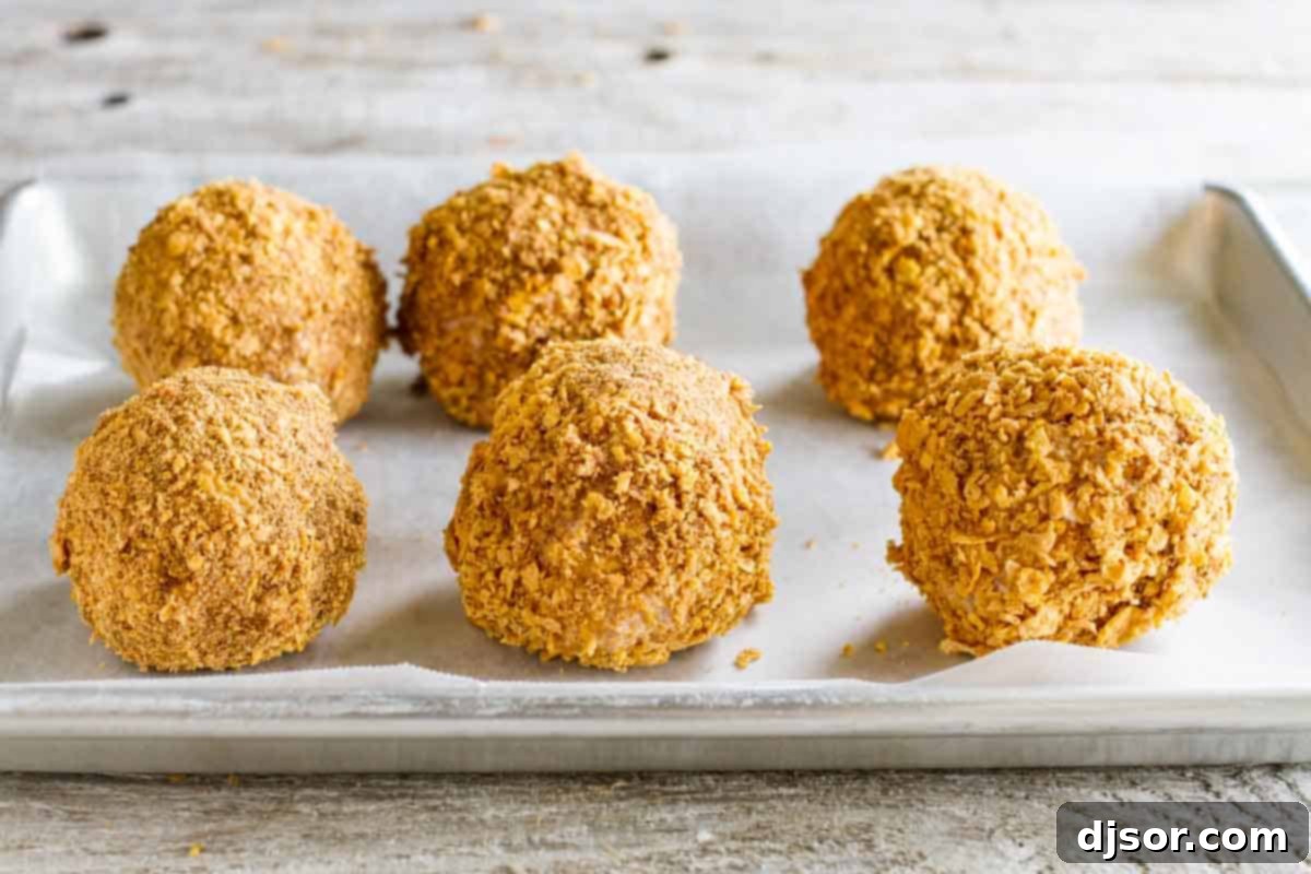 Perfectly coated balls of cornflake-crusted ice cream, ready for their final freeze before frying.