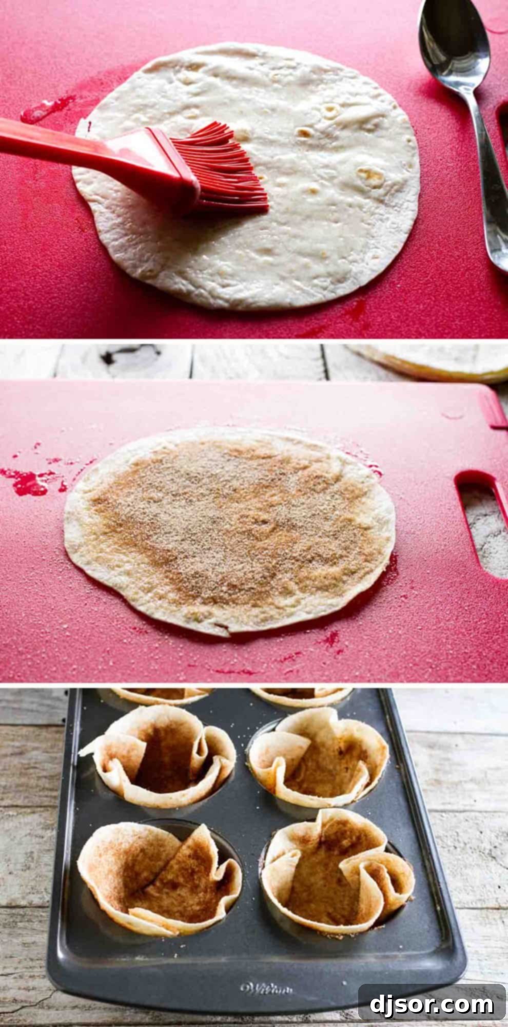 Step-by-step images demonstrating how to prepare cinnamon sugar tortilla bowls, from buttering to baking.