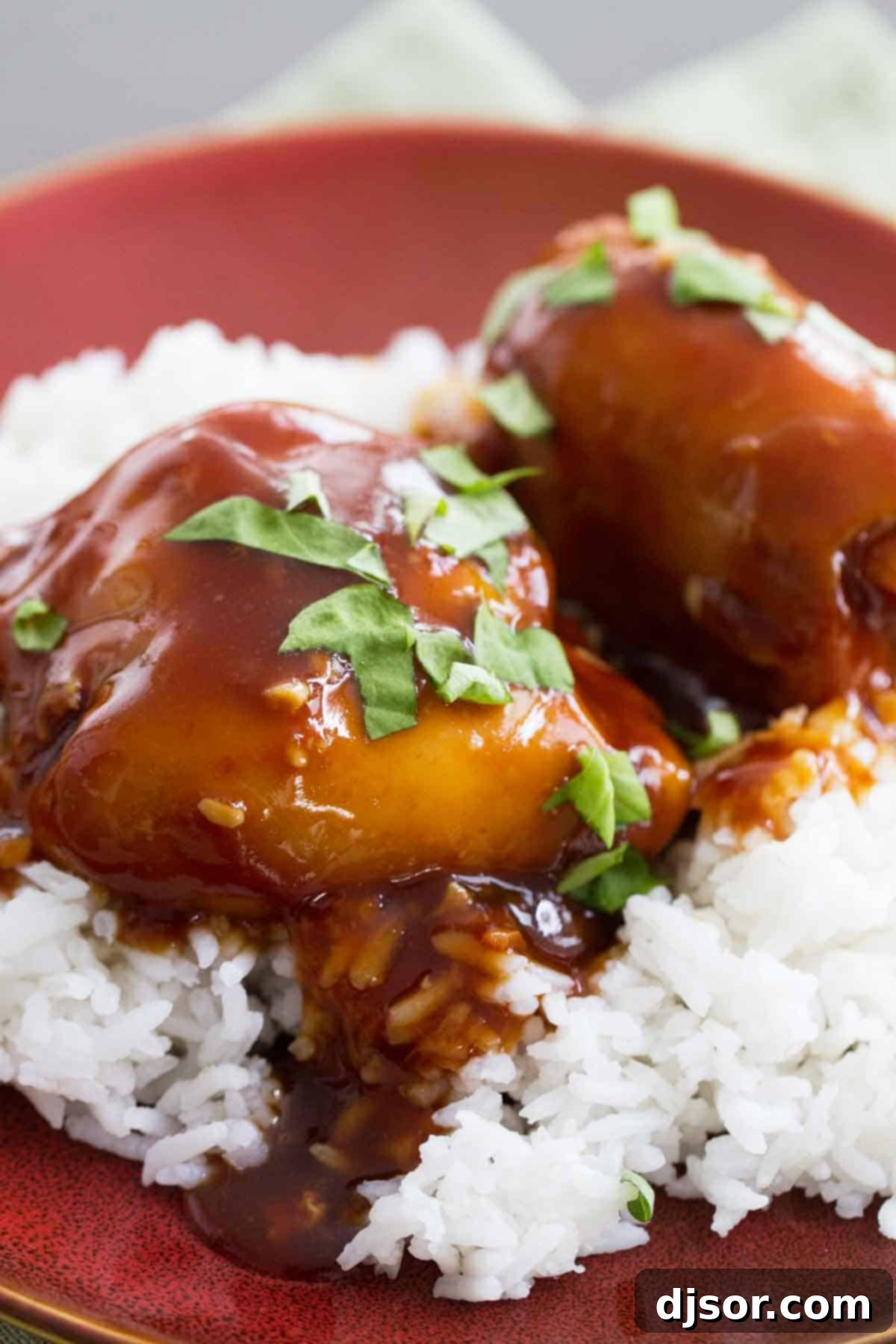 Slow Cooker Honey Garlic Chicken served over fluffy white rice, garnished with fresh herbs.