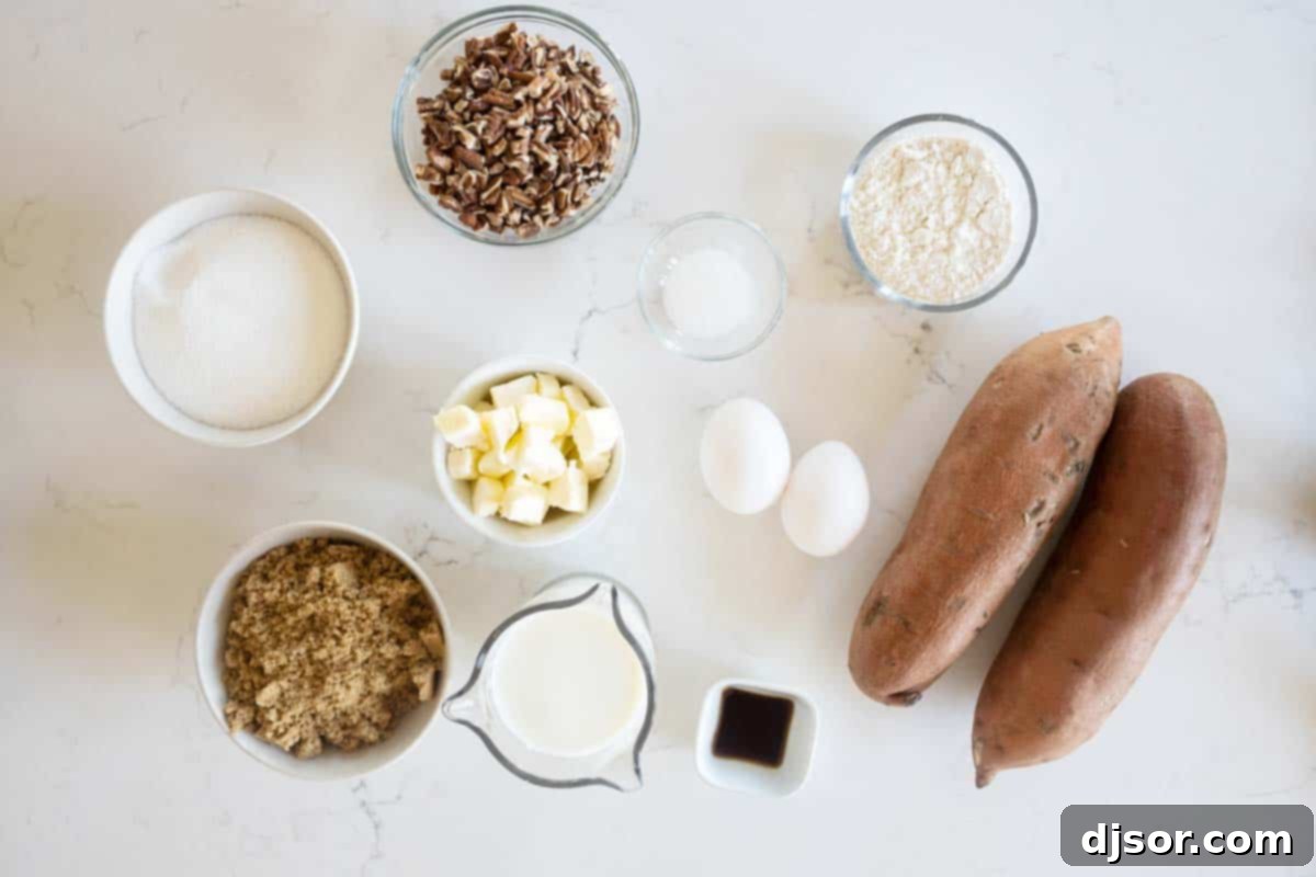 Key ingredients for a delicious sweet potato casserole Fresh ingredients laid out on a counter for making sweet potato casserole, including whole sweet potatoes, sugar, milk, eggs, and butter.