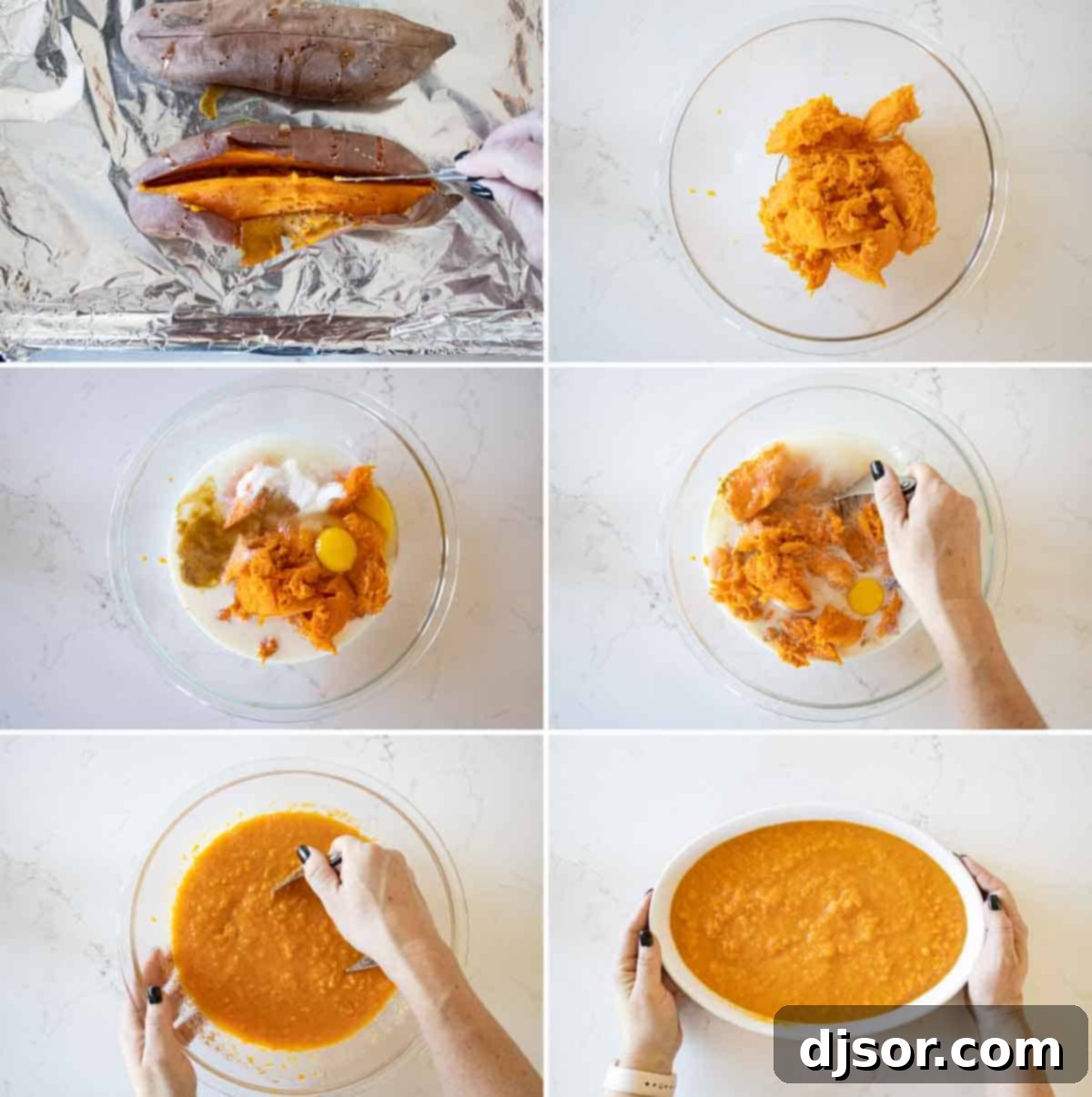 Step-by-step process for making sweet potato casserole Four images showing the steps to prepare sweet potato casserole: roasting potatoes, mashing the filling, mixing the streusel, and baking the casserole.