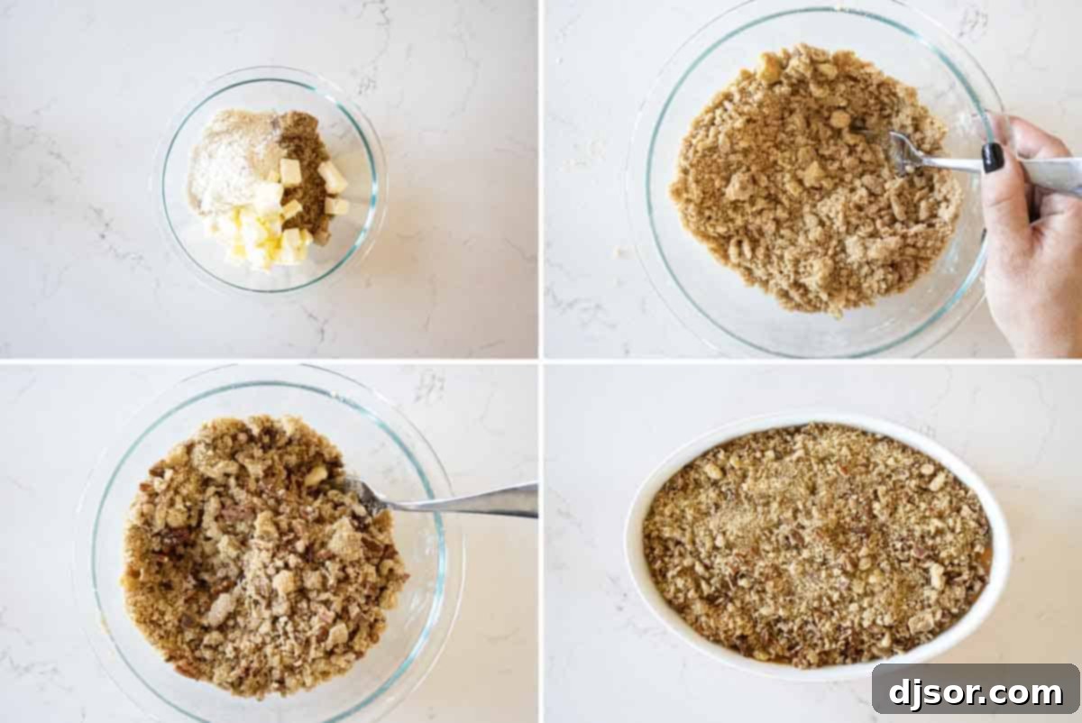 Mixing the buttery brown sugar topping for the casserole Close-up of hands mixing brown sugar, flour, and butter to create the streusel topping for sweet potato casserole in a glass bowl.