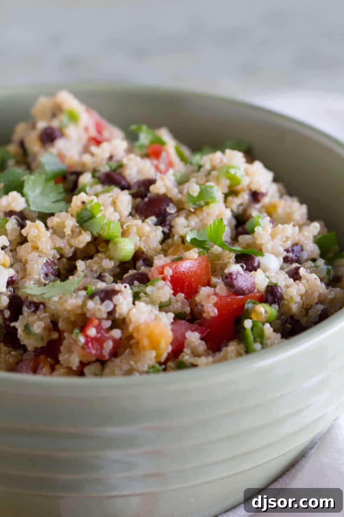 Freshly prepared Tomato and Black Bean Quinoa Salad, garnished with vibrant green onions and fresh cilantro.