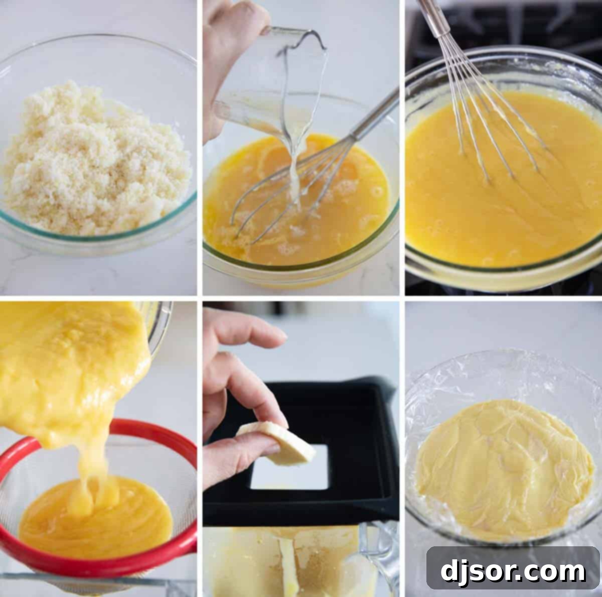 Detailed steps showing the process of making the silky lemon cream filling for a French lemon tart.