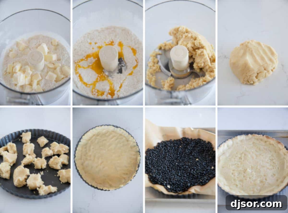 Sequential steps illustrating how to prepare a shortbread crust for a tart, from mixing ingredients to pressing into a pan.