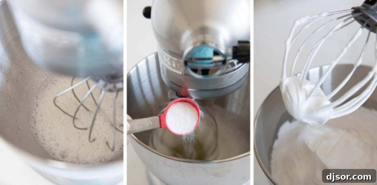 Step-by-step imagery demonstrating how to prepare a fluffy, peaked meringue for topping a pie or tart.