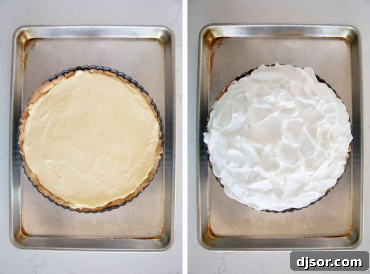 Two images: one showing lemon cream being spread into a tart shell, and another of the finished lemon tart topped with elegant meringue peaks.