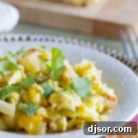 Plate with Poblano Chile Scramble - an egg and potato dish with chile peppers.