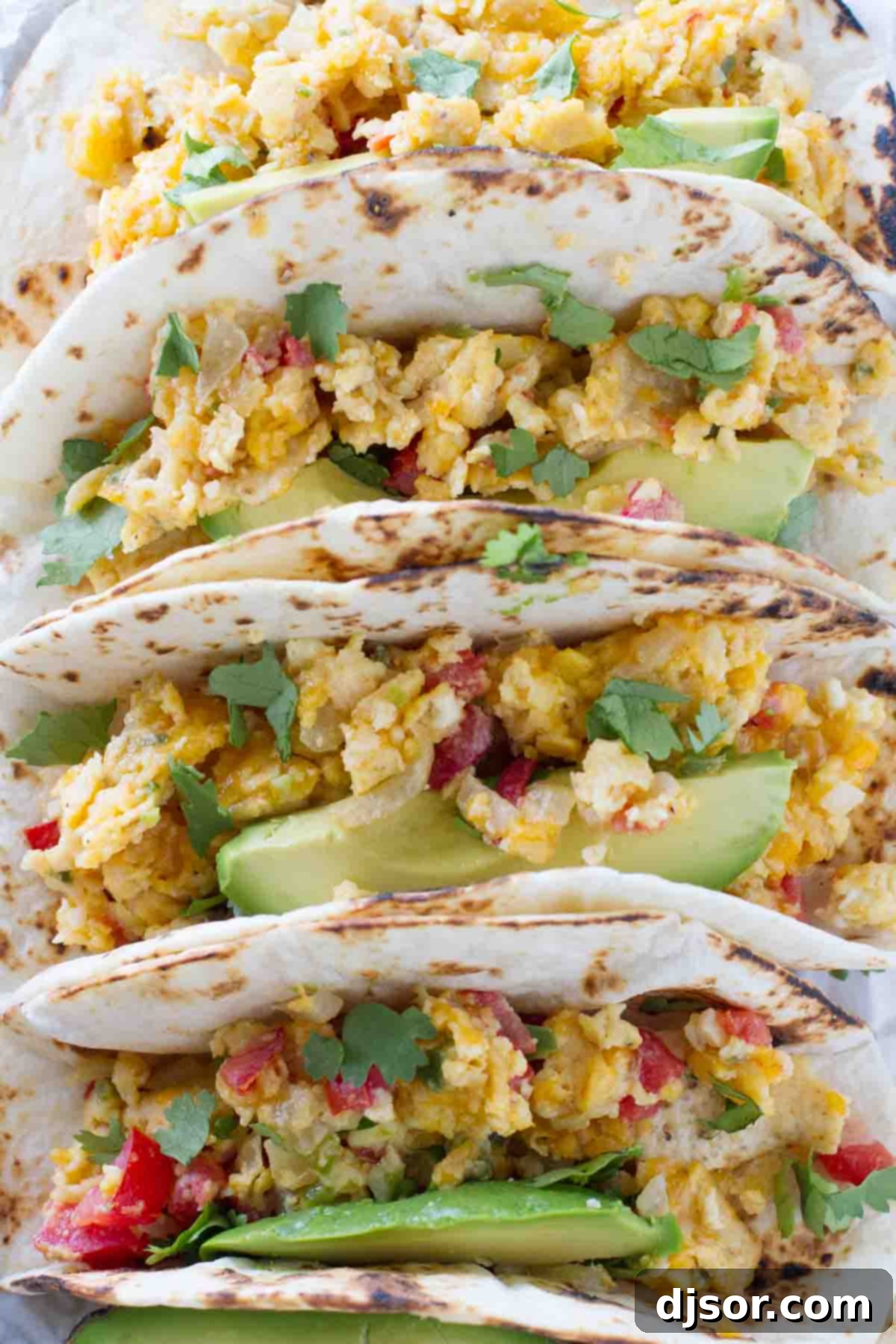 Garnished Migas Tacos for a Flavorful Breakfast Migas tacos topped with fresh avocado slices and cilantro leaves, ready to eat