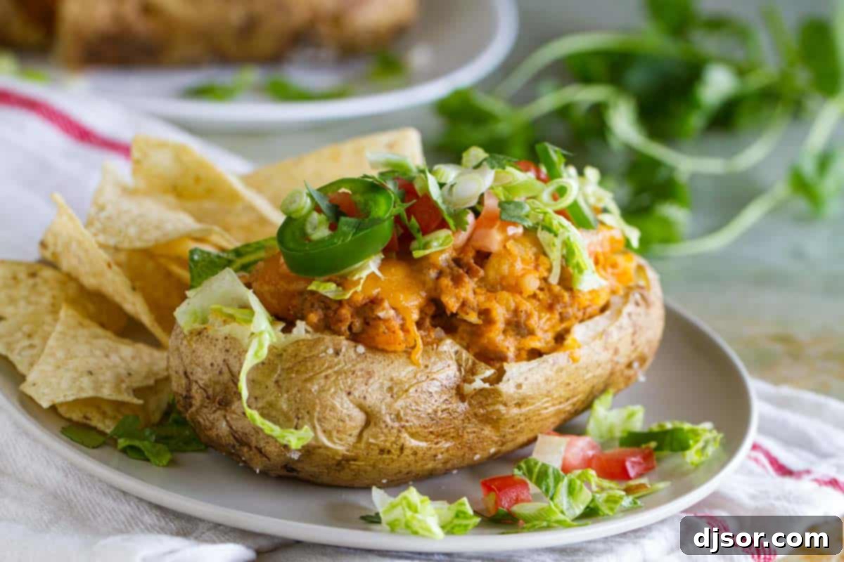 Taco stuffed potatoes topped with taco toppings.