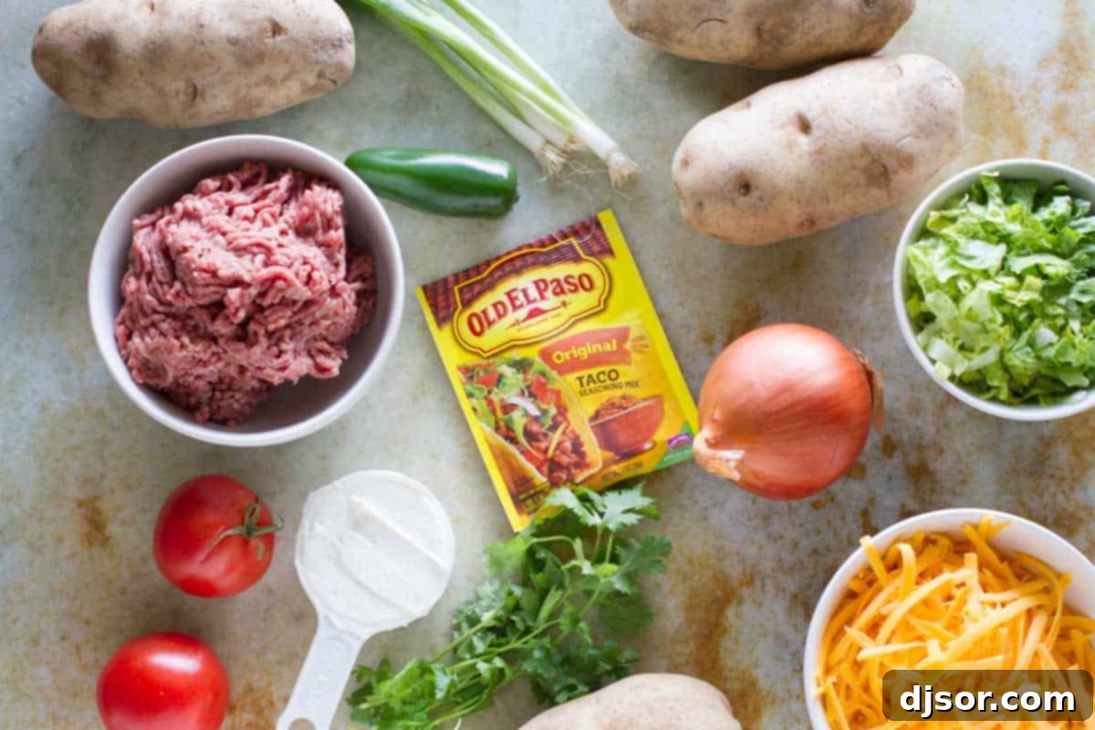 Ingredients to make Taco Stuffed Potatoes.
