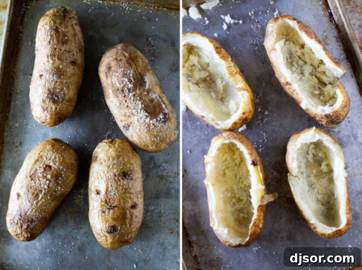 Baking potatoes and removing insides to make stuffed potatoes.