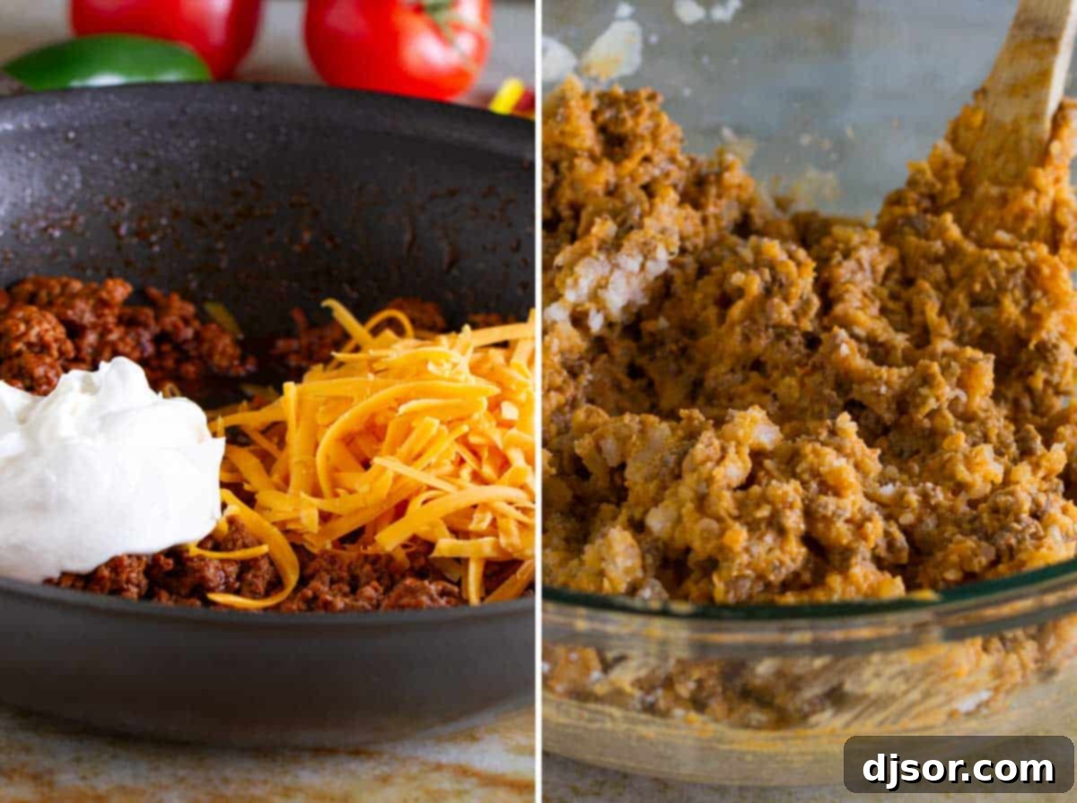 Making the filling for taco stuffed potatoes.