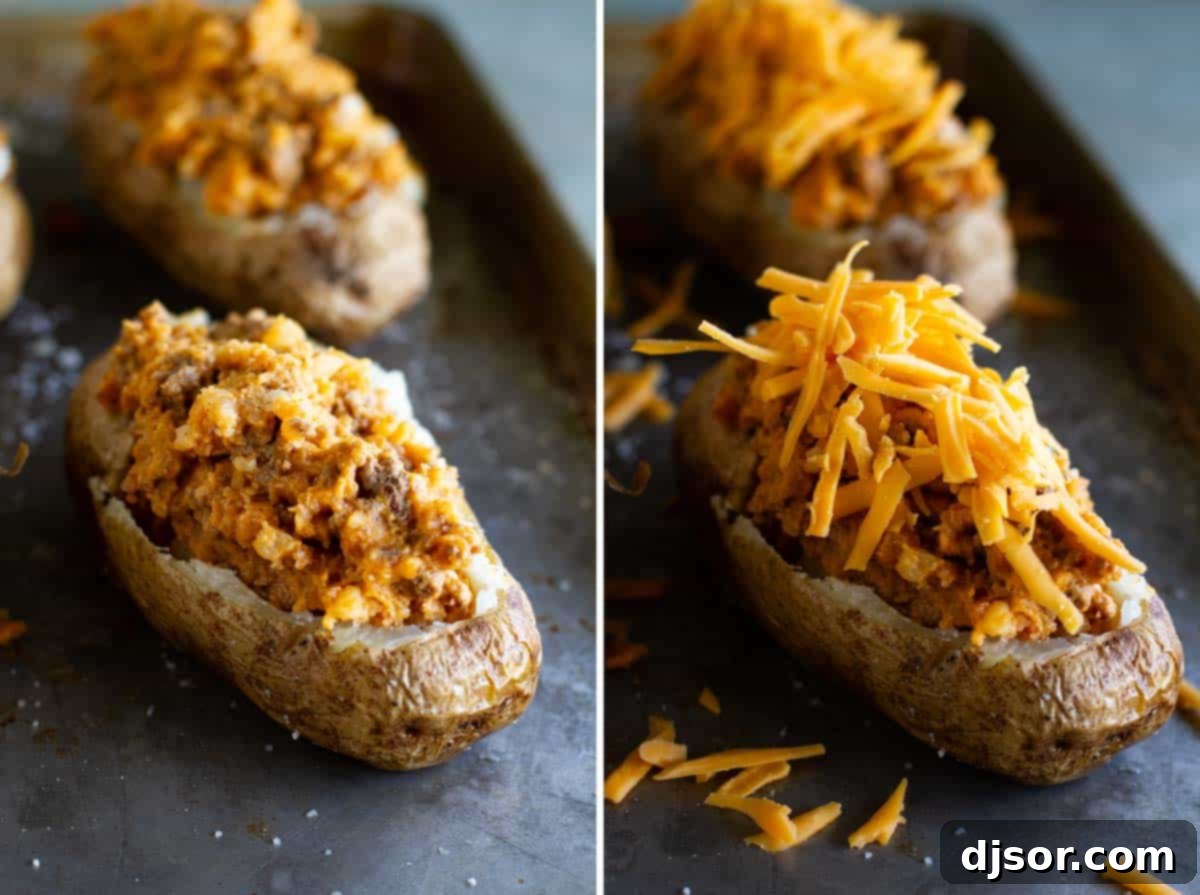 Stuffing baked potatoes with taco filling.