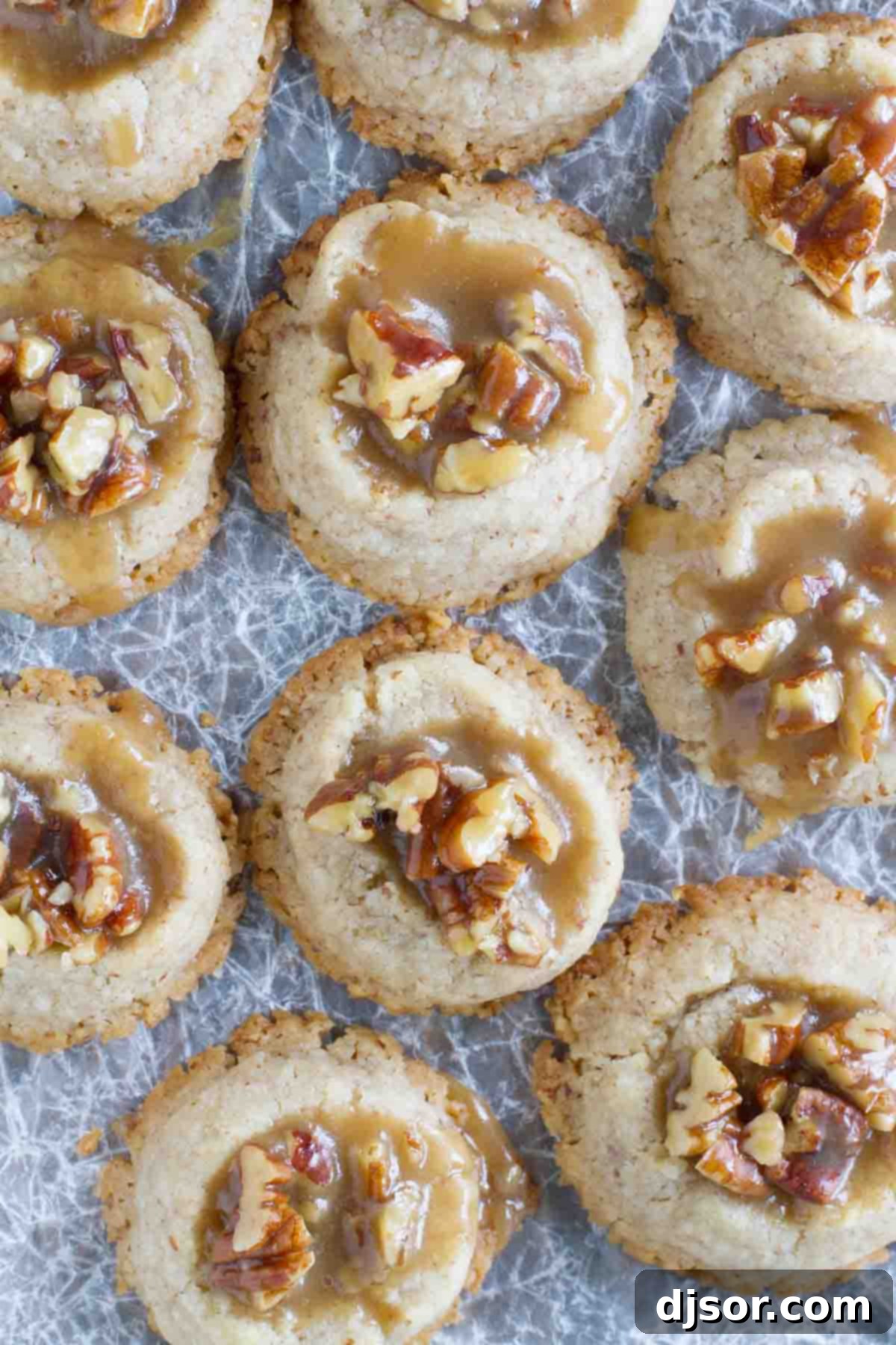 overhead view of Pecan Praline Thumbprint Cookies