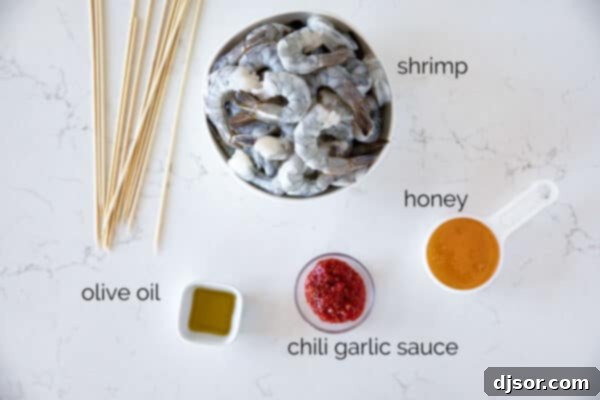 Ingredients to make Chili Honey Garlic Shrimp Kabobs.