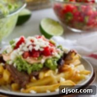 Smothered Enchilada Steak Fries 5 Plate filled with Enchilada Steak Fries - French fries topped with cheese, guacamole, pico de Gallo, and enchilada marinated steak.