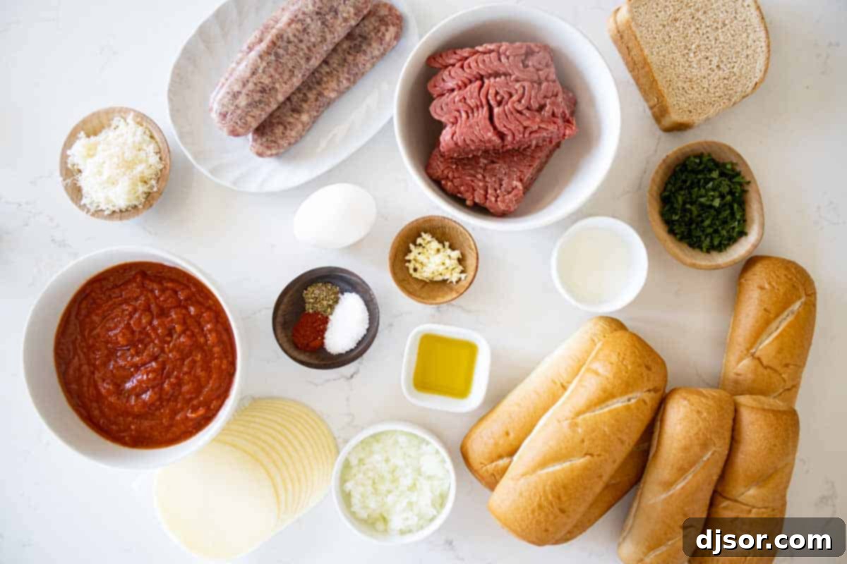 Fresh Ingredients for Homemade Meatball Sub Recipe A collection of fresh ingredients laid out, including ground beef, Italian sausage, bread, milk, cheese, and marinara sauce, ready to be combined for homemade meatball subs.