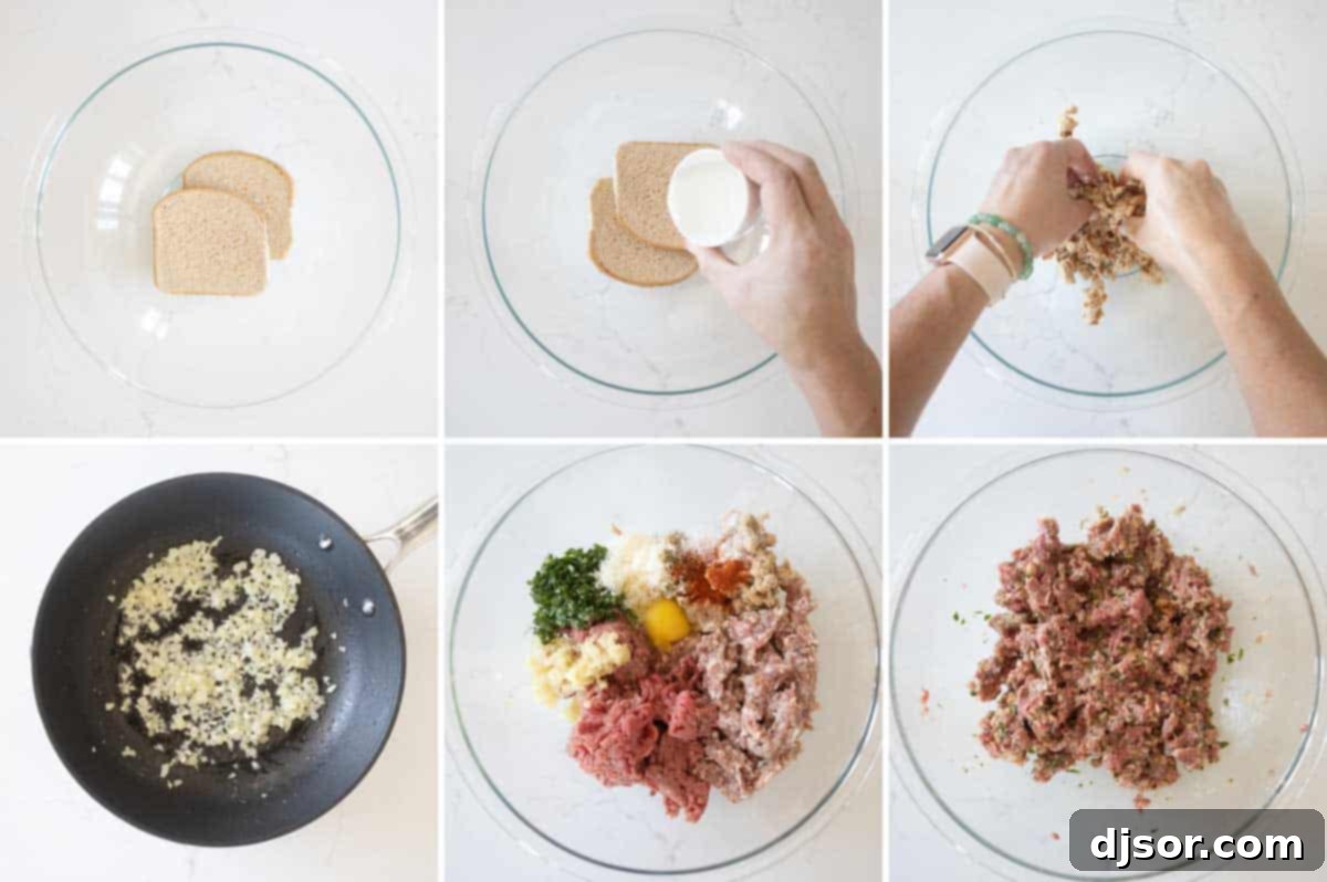 Step-by-Step Meatball Preparation for Subs A sequence of images showing the steps for preparing homemade meatballs: soaking bread, cooking aromatics, mixing ingredients, and forming the meatballs.