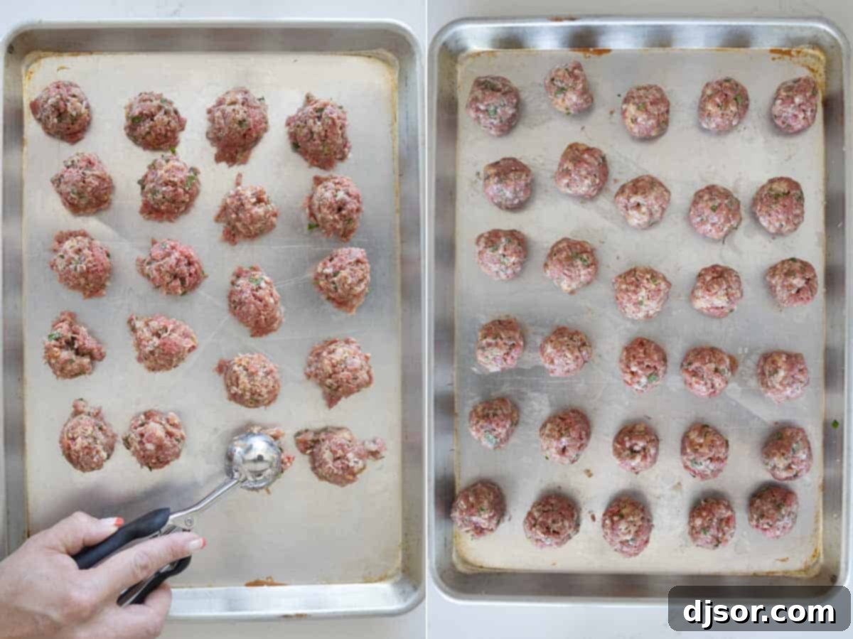 Forming Consistent Meatballs for Sub Sandwiches Hands scooping and rolling the meatball mixture into perfectly smooth, uniform balls.