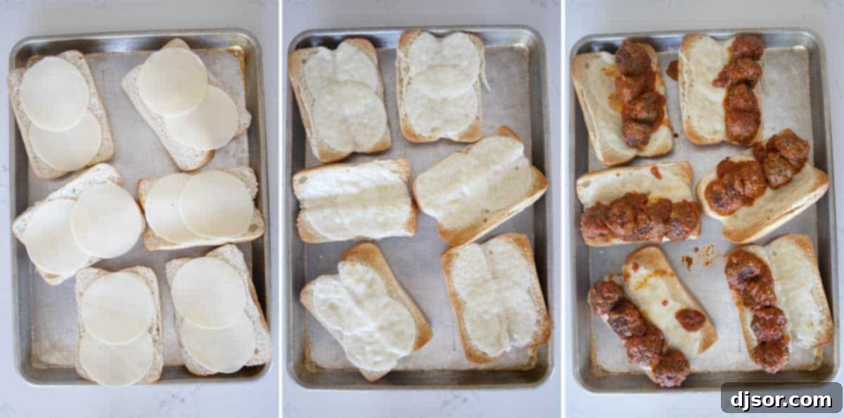 Assembling Toasted Meatball Subs with Melted Cheese Toasting sandwich rolls with provolone cheese under the broiler, and then assembling them with meatballs and sauce for delicious subs.