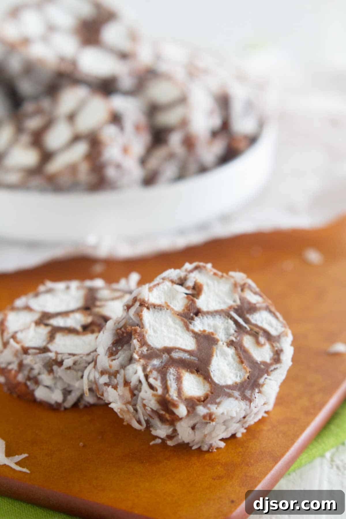 Slices of Shaggy Dog Candy, featuring a rich chocolate and marshmallow interior coated in shredded coconut, artfully arranged on a wooden cutting board, ready to be enjoyed.