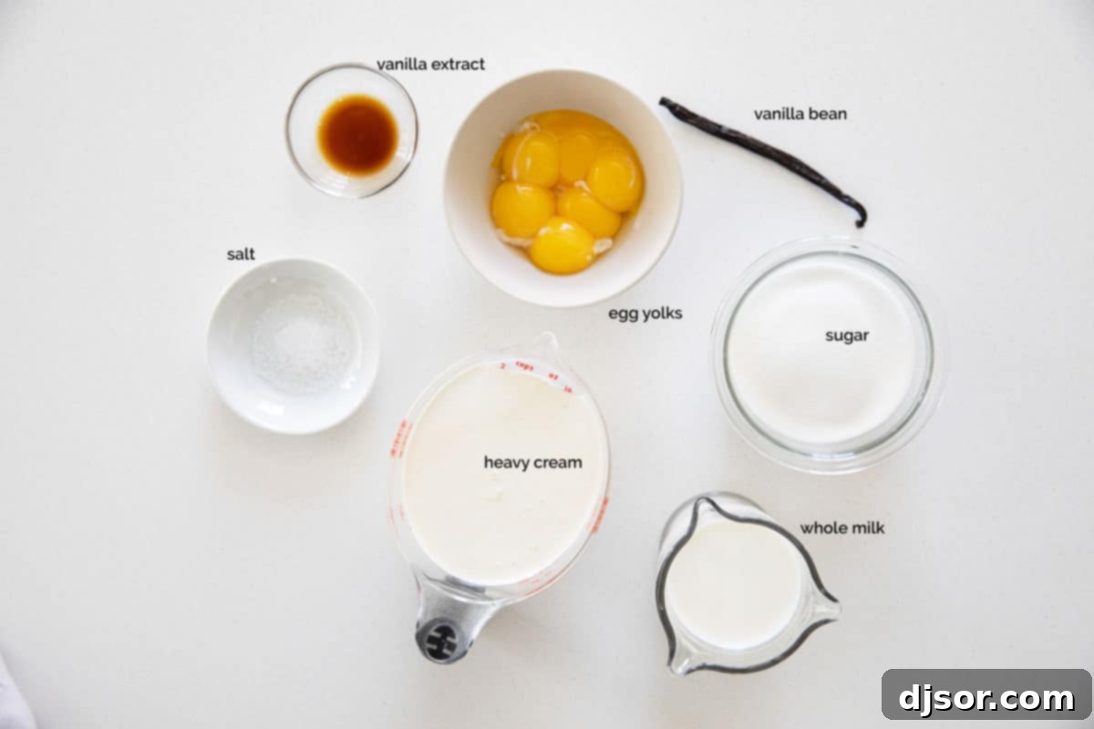 Ingredients laid out for making vanilla ice cream