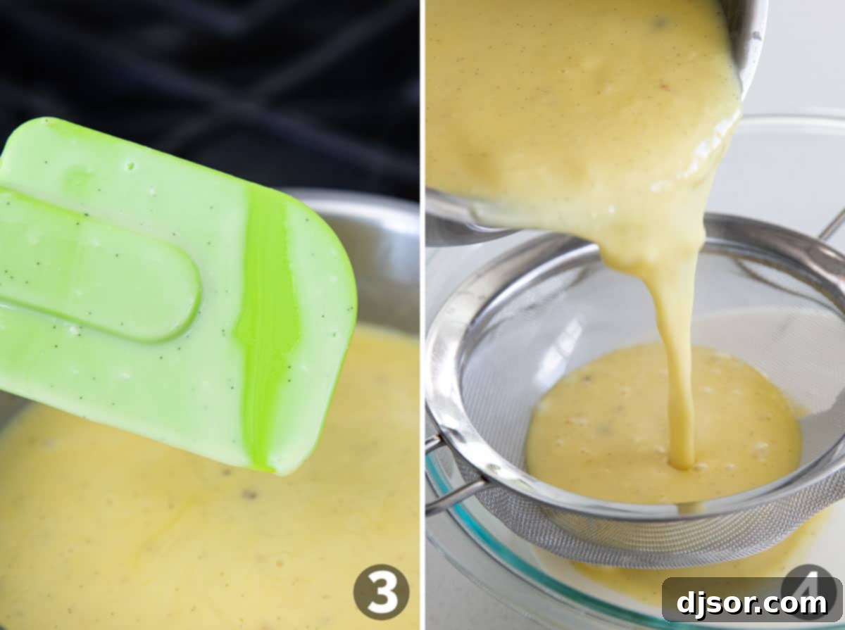 Thickening and straining vanilla ice cream custard.