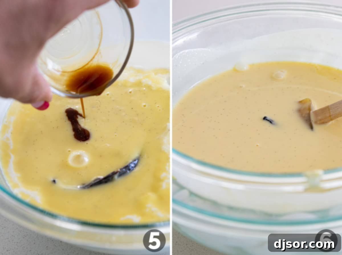 Adding vanilla extract and placing ice cream custard in an ice bath.