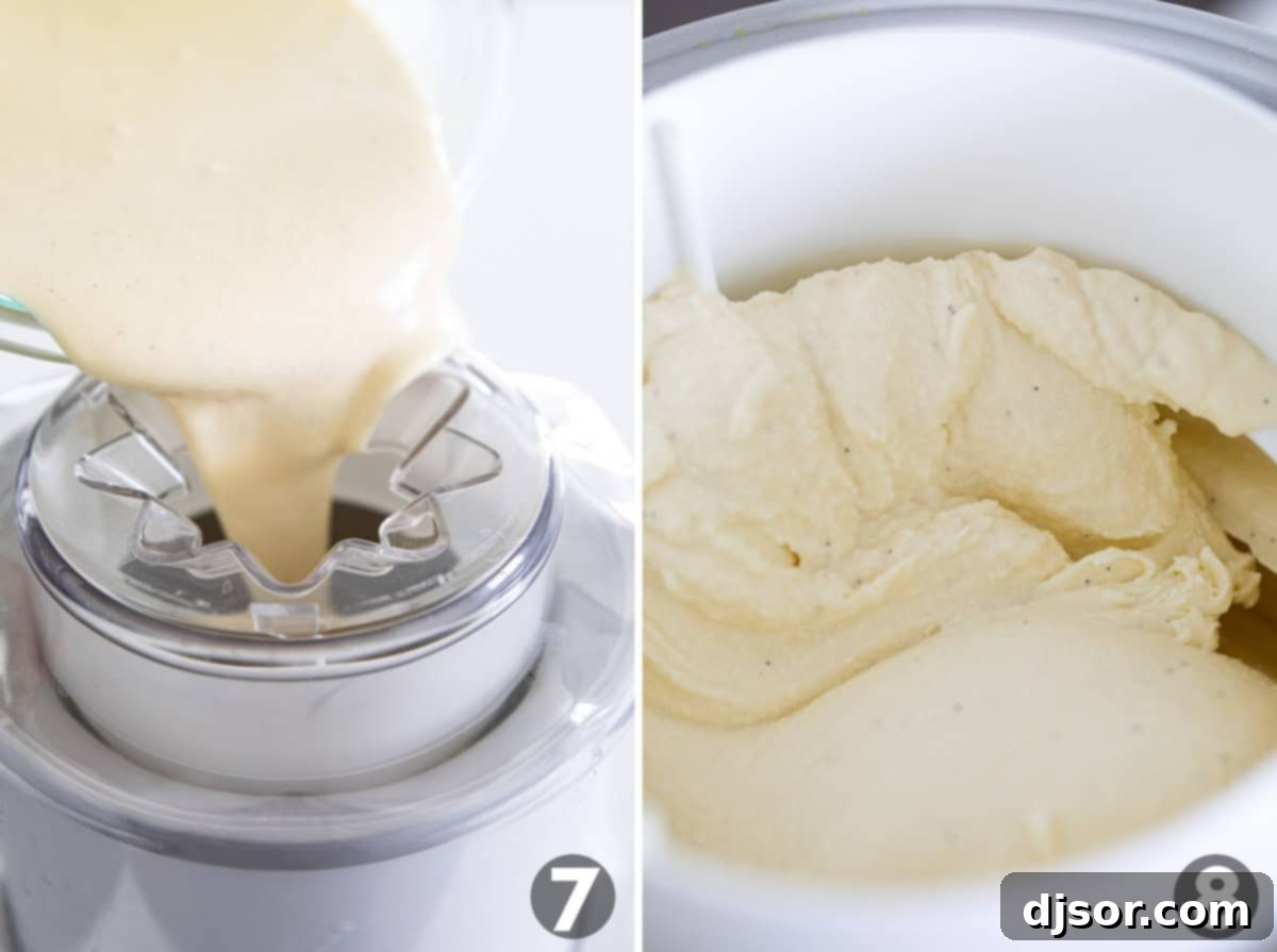 Adding chilled custard to an ice cream maker for churning.
