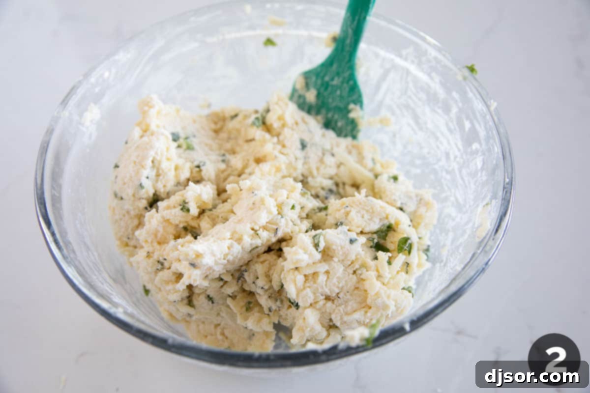 Creamy White Cheese Dip 5 Mixing ingredients together to make white cheese dip.