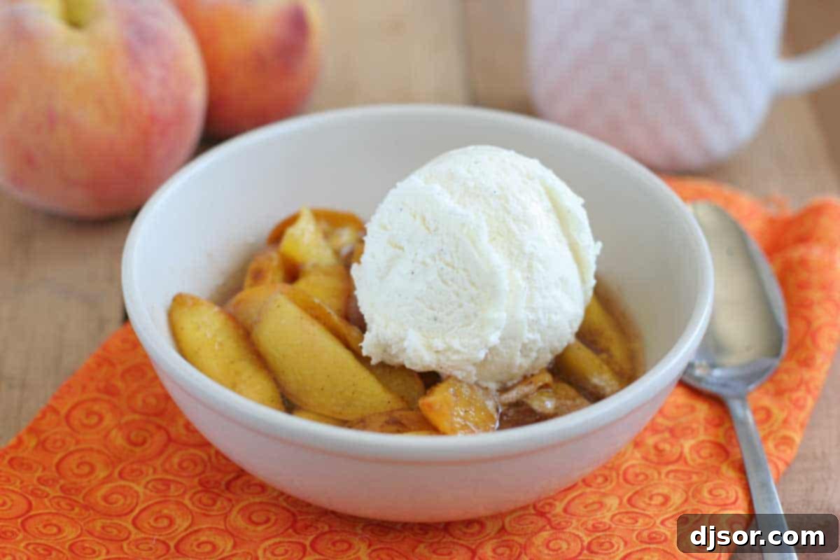 A bowl of warm, tender Crock Pot Peaches topped with melting vanilla ice cream, embodying the ultimate summer dessert.