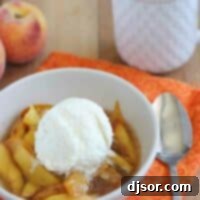 bowl of warm peaches cooked in the slow cooker topped with ice cream