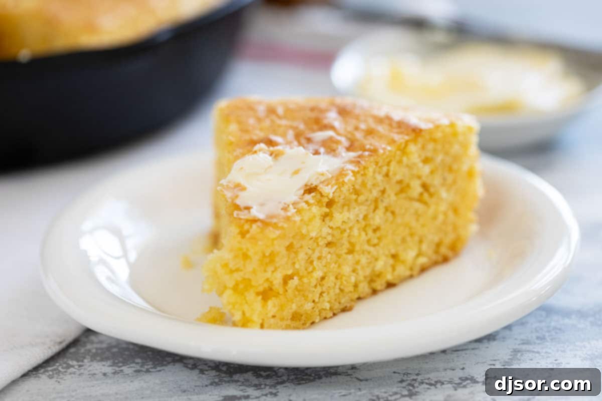 A golden-brown slice of homemade cornbread, freshly baked and topped with melting butter, resting on a rustic plate, emphasizing its warm, comforting appeal.