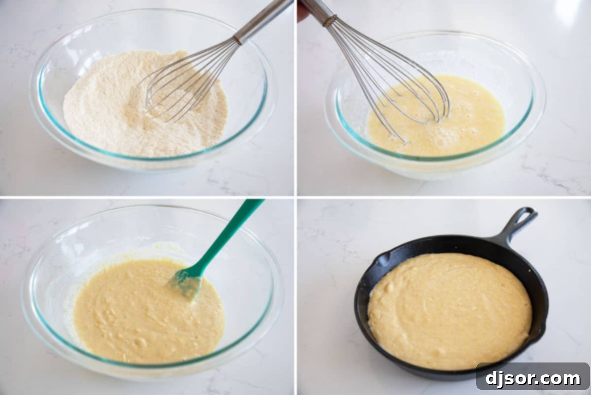 A visual guide showing the progression of steps for baking homemade cornbread, from combining ingredients in bowls to the final pour of batter into a baking pan, ready for the oven.