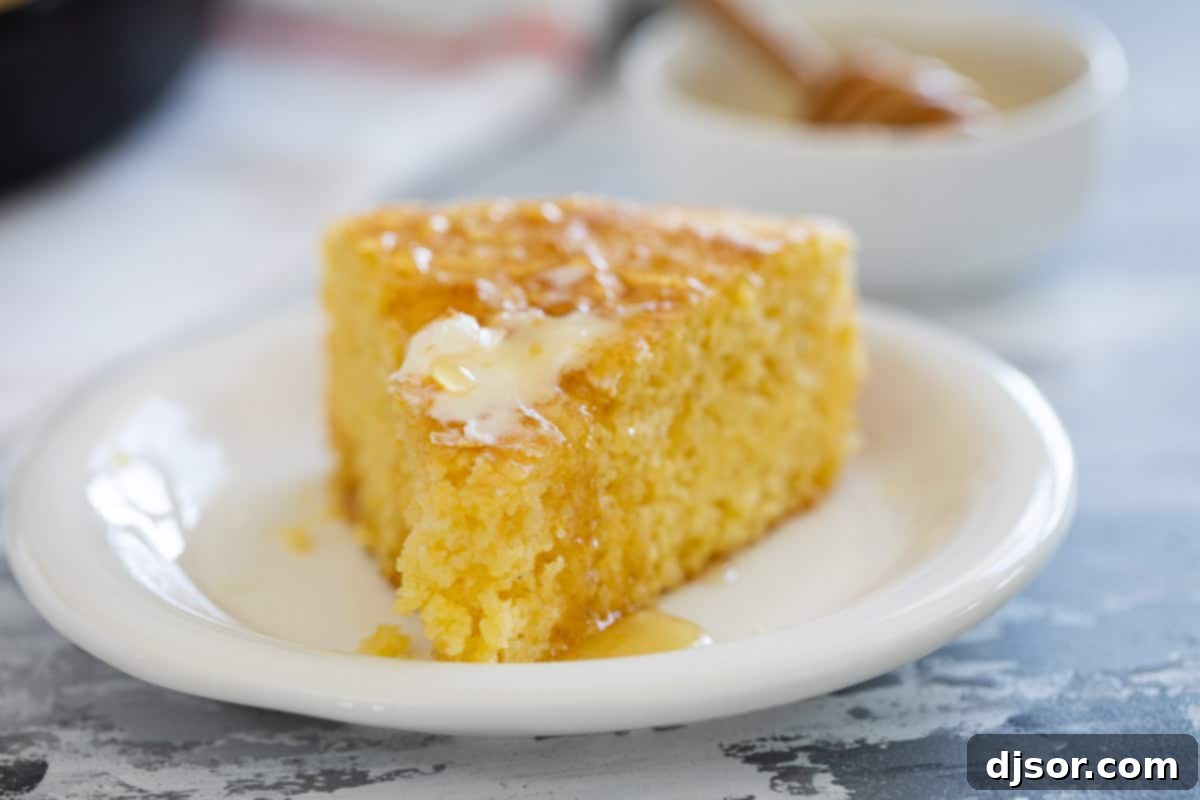 A beautiful slice of warm cornbread, generously topped with melting butter and a golden drizzle of honey, artfully placed on a plate, ready to be enjoyed as a comforting treat.