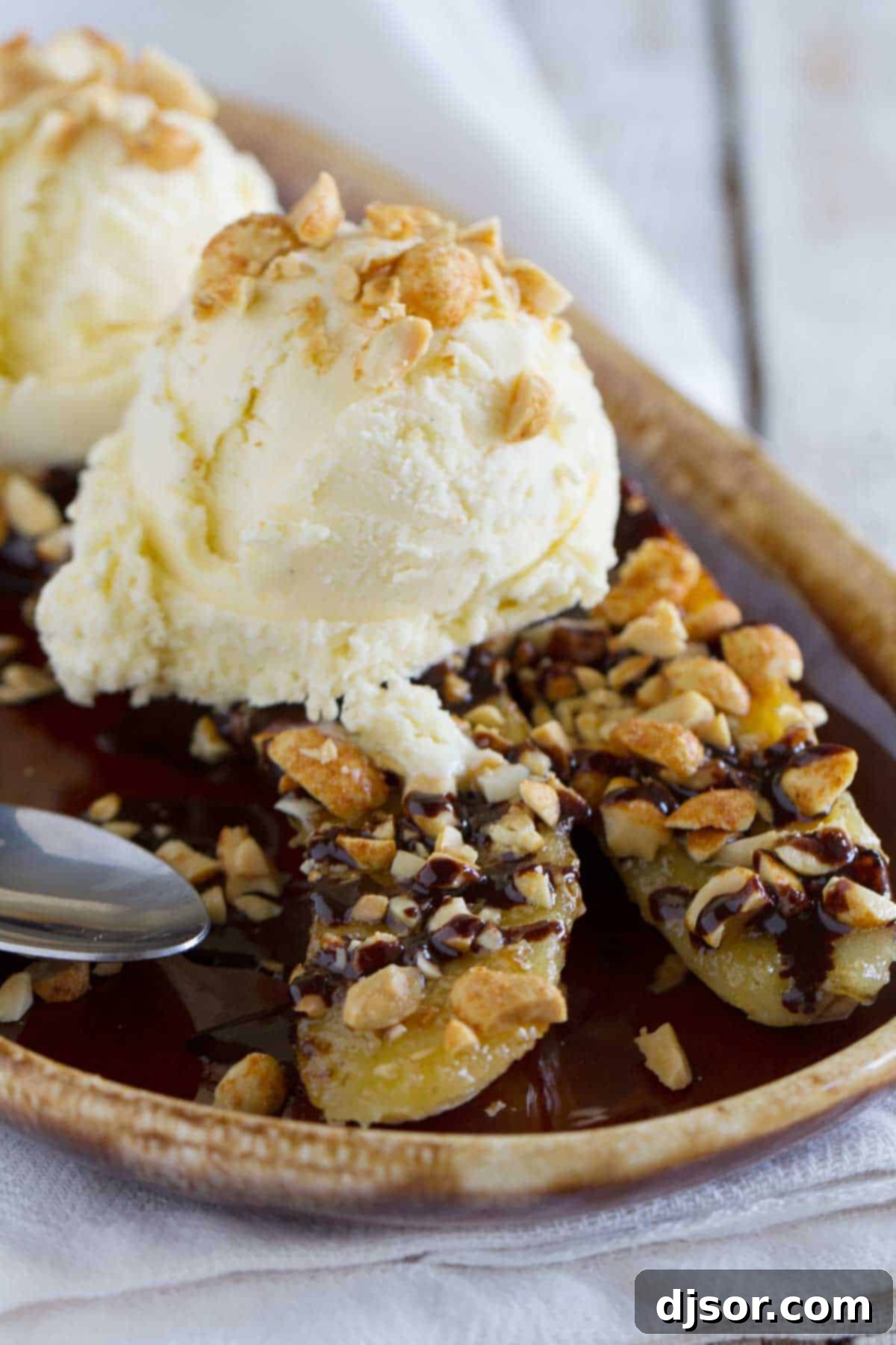 Caramelized Banana Split 2 Pan Fried Banana Splits made from fresh bananas, ice cream, and chocolate sauce.