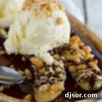 Caramelized Banana Split 4 Pan Fried Banana Splits made from fresh bananas, ice cream, and chocolate sauce.
