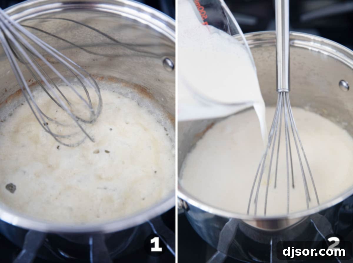 Velvety Sweet Corn 4 A large saucepan on a stovetop, with butter melted and flour being whisked in to form a creamy roux for the creamed corn.