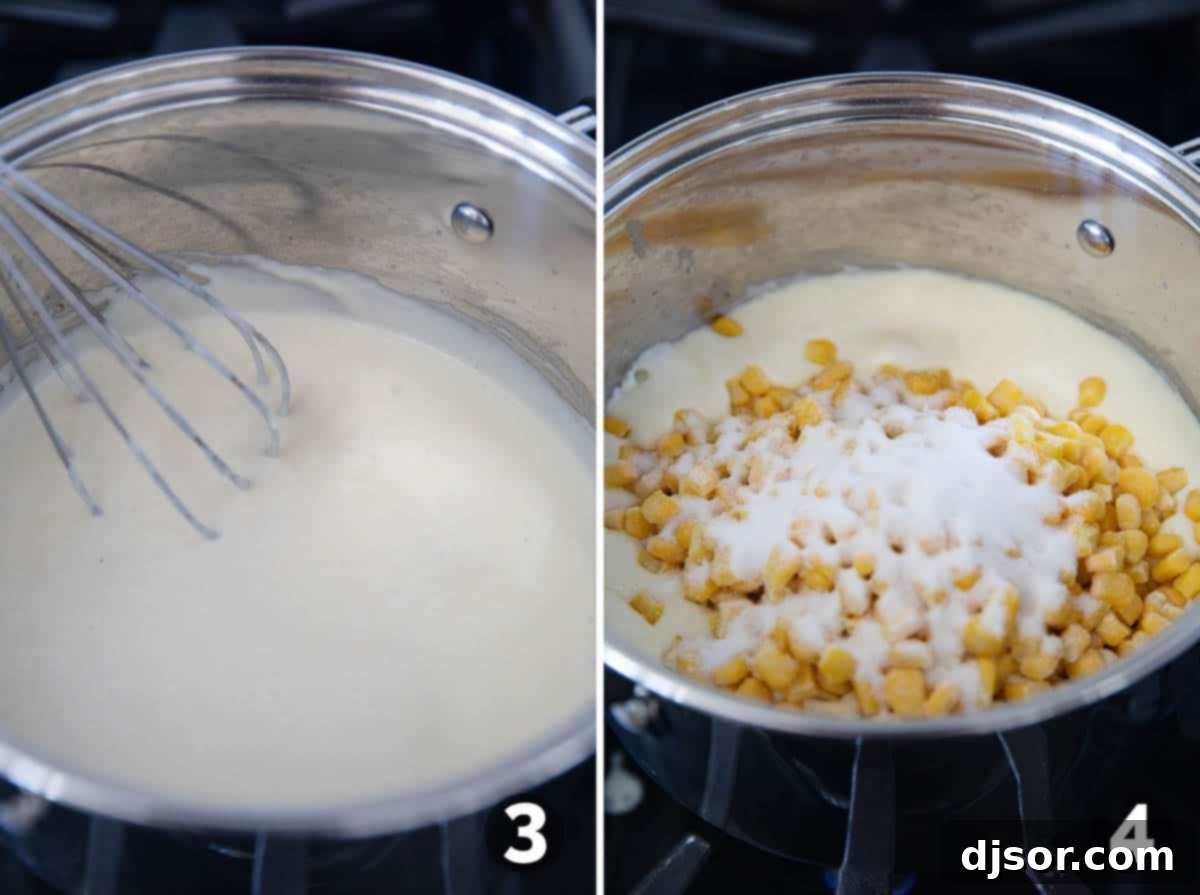 Velvety Sweet Corn 5 A chef thickening a creamy sauce in a saucepan on a stovetop, with fresh corn and sugar ready to be added for creamed corn.